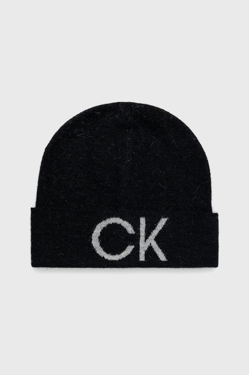 Calvin Klein czapka wełniana kolor czarny z cienkiej dzianiny wełniana