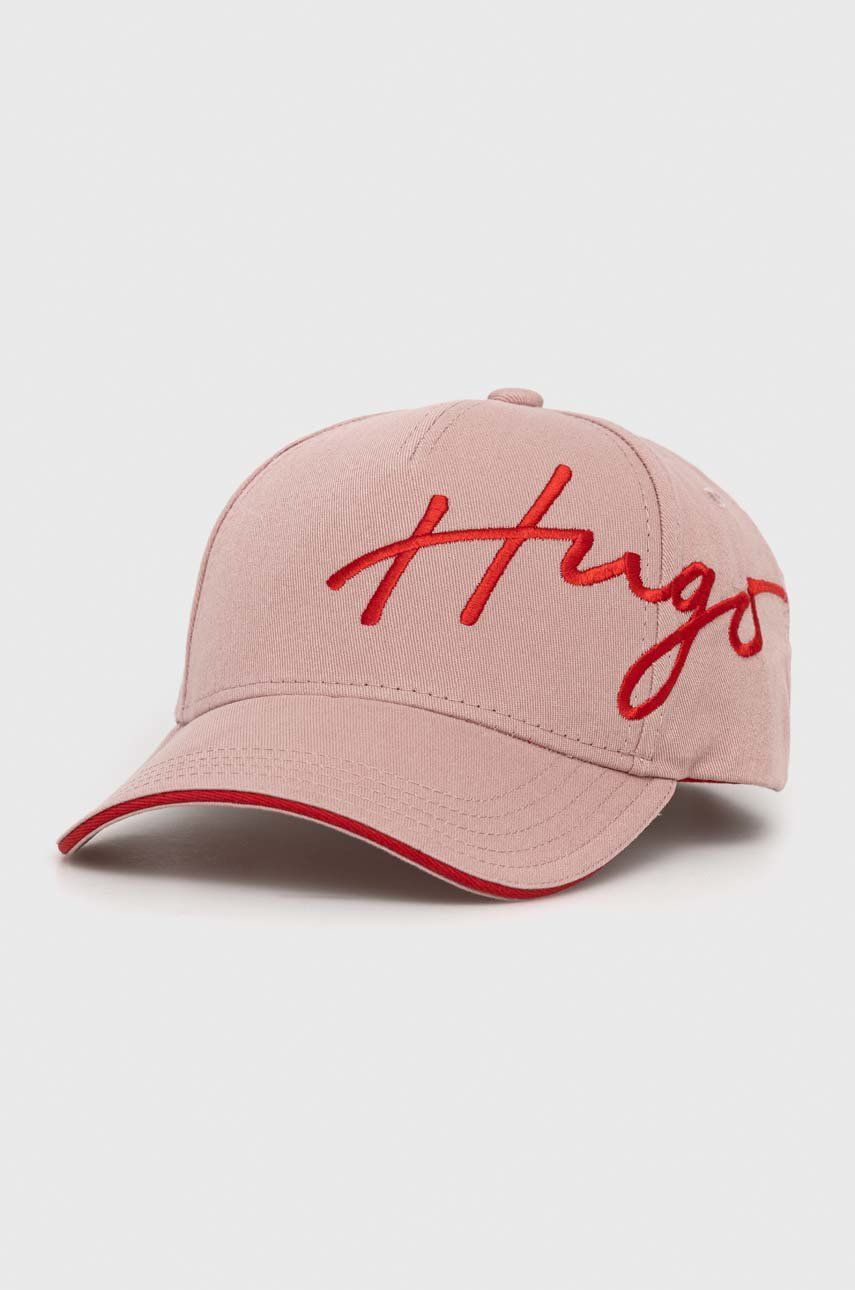 HUGO czapka z daszkiem bawełniana kolor różowy z aplikacją