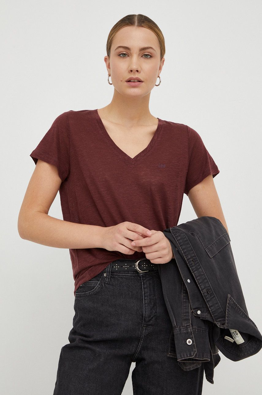 Lee t-shirt z domieszką lnu kolor bordowy