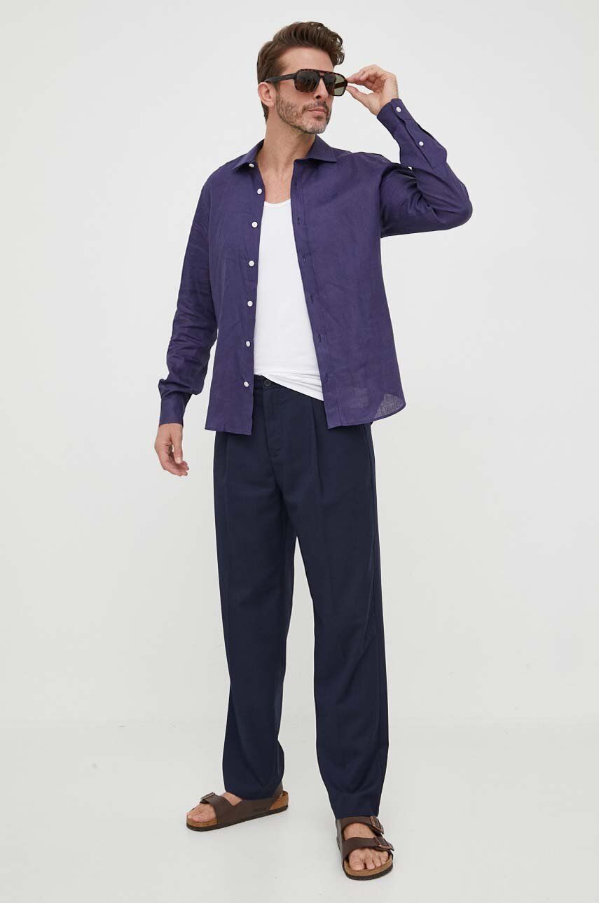 North Sails koszula lniana kolor granatowy regular z kołnierzykiem klasycznym