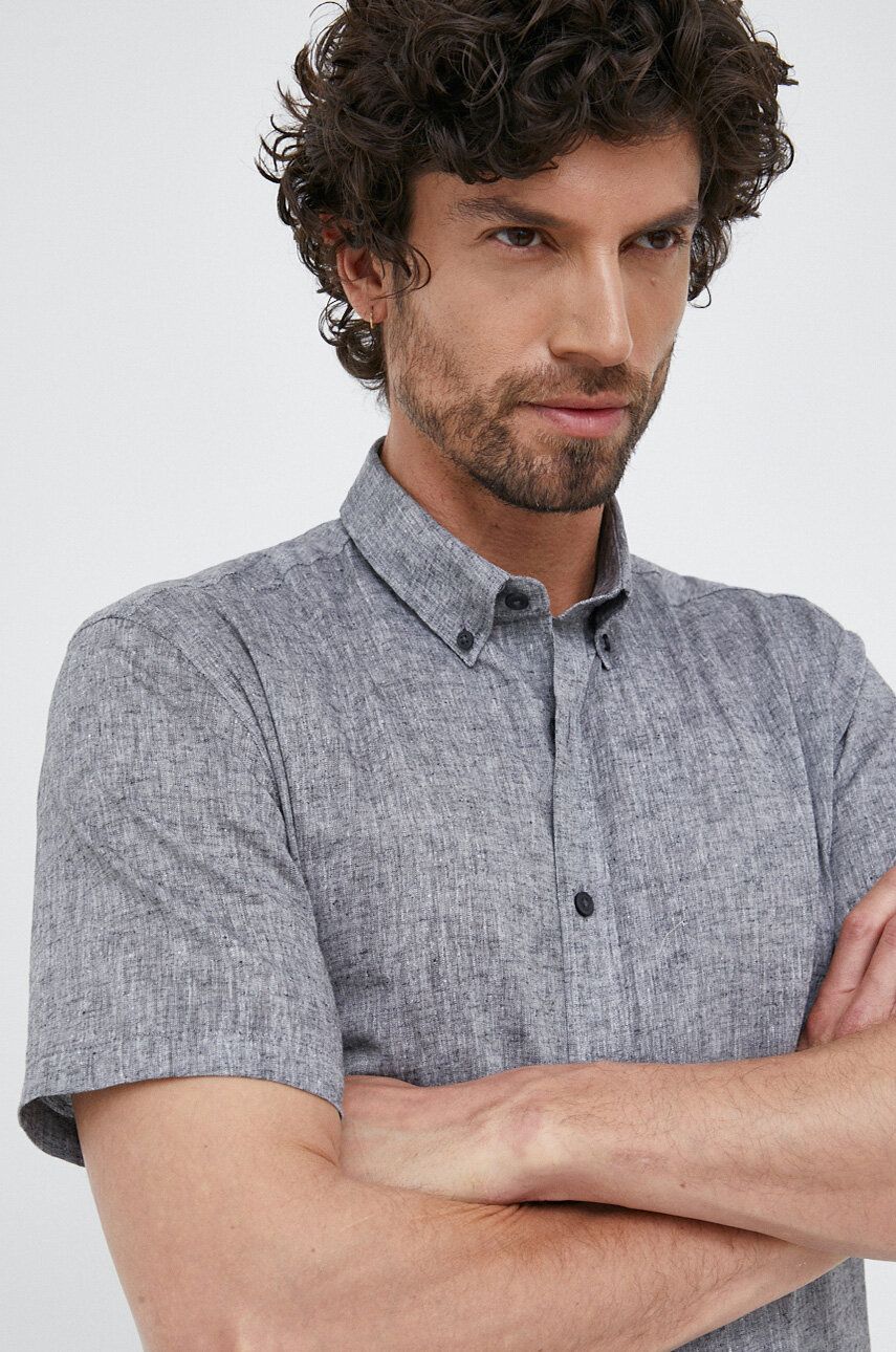 Lindbergh koszula lniana kolor czarny slim z kołnierzykiem button-down