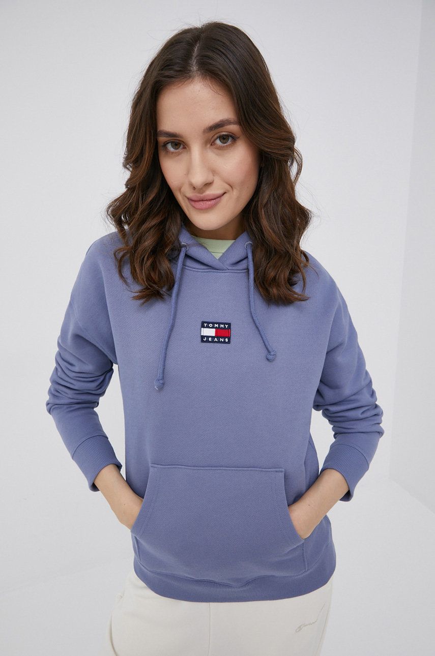 Tommy Jeans bluza bawełniana DW0DW10403.PPYY damska kolor fioletowy z kapturem gładka