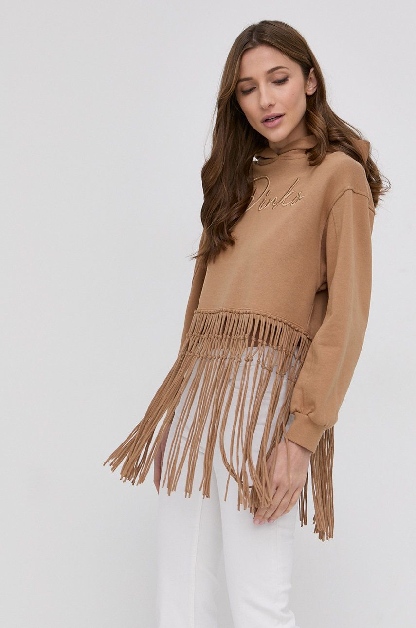 Pinko Bluza bawełniana damska kolor beżowy z kapturem z aplikacją