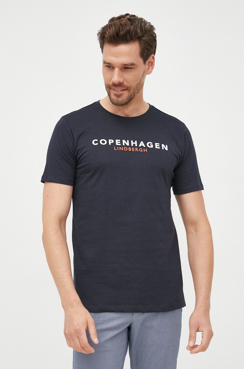 Lindbergh t-shirt bawełniany kolor granatowy z nadrukiem