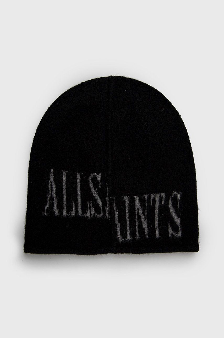 AllSaints Czapka z domieszką wełny kolor czarny z cienkiej dzianiny