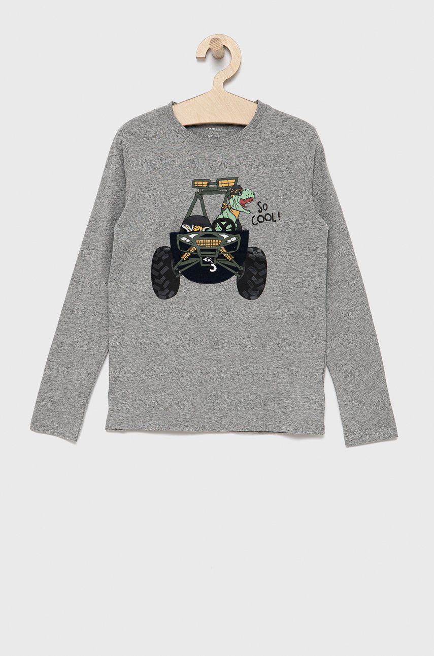 Name it Longsleeve bawełniany dziecięcy kolor szary z aplikacją