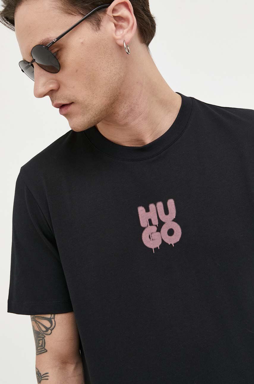 HUGO t-shirt bawełniany kolor czarny z nadrukiem
