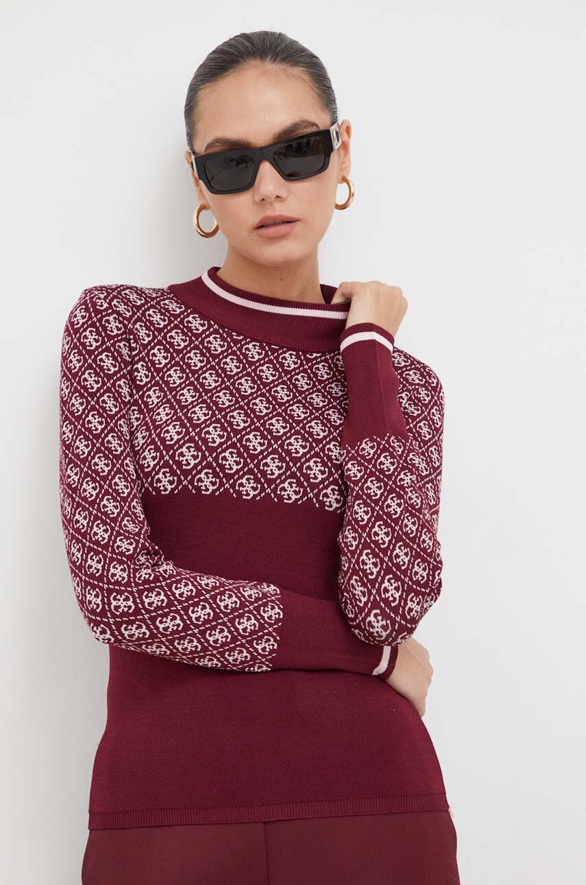 Guess sweter damski kolor bordowy lekki