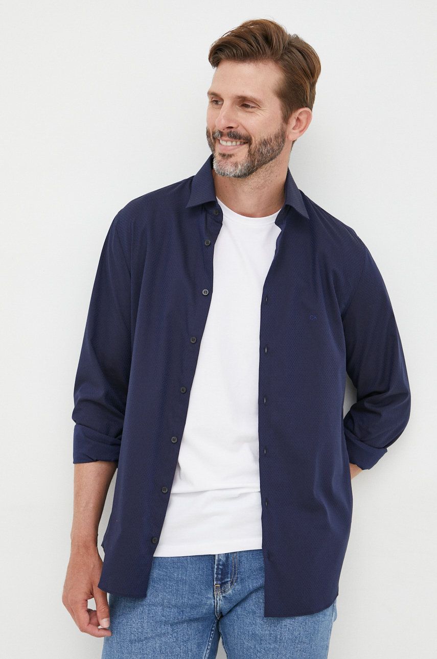 Calvin Klein koszula bawełniana męska kolor granatowy slim z kołnierzykiem klasycznym