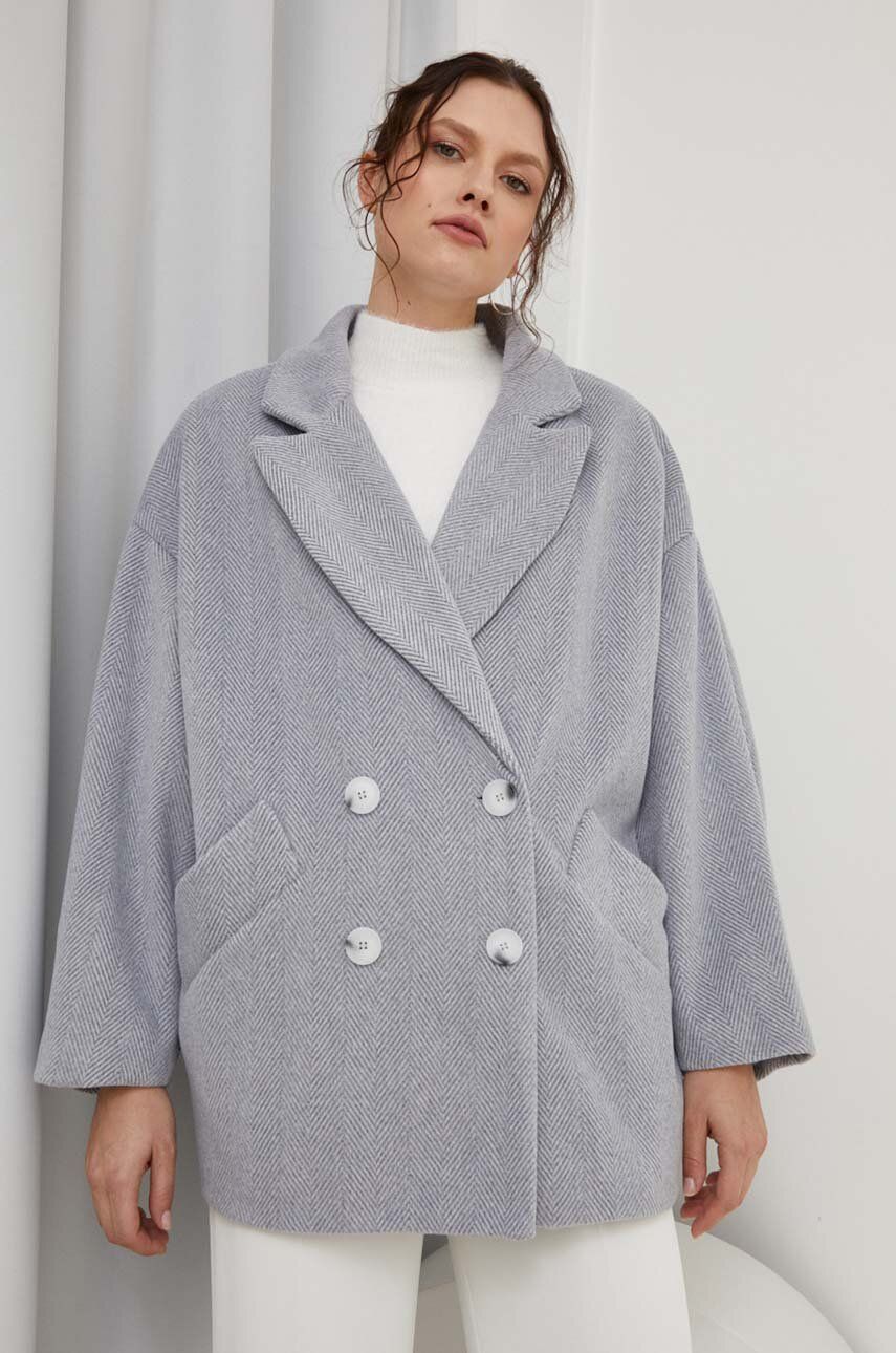 Answear Lab płaszcz damski kolor szary przejściowy dwurzędowy