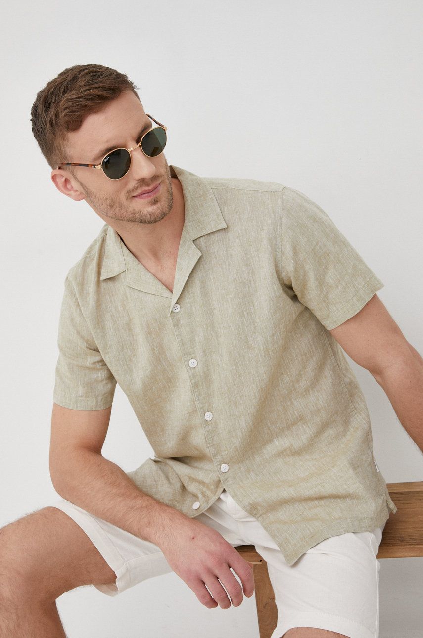 Lindbergh koszula lniana męska kolor zielony relaxed