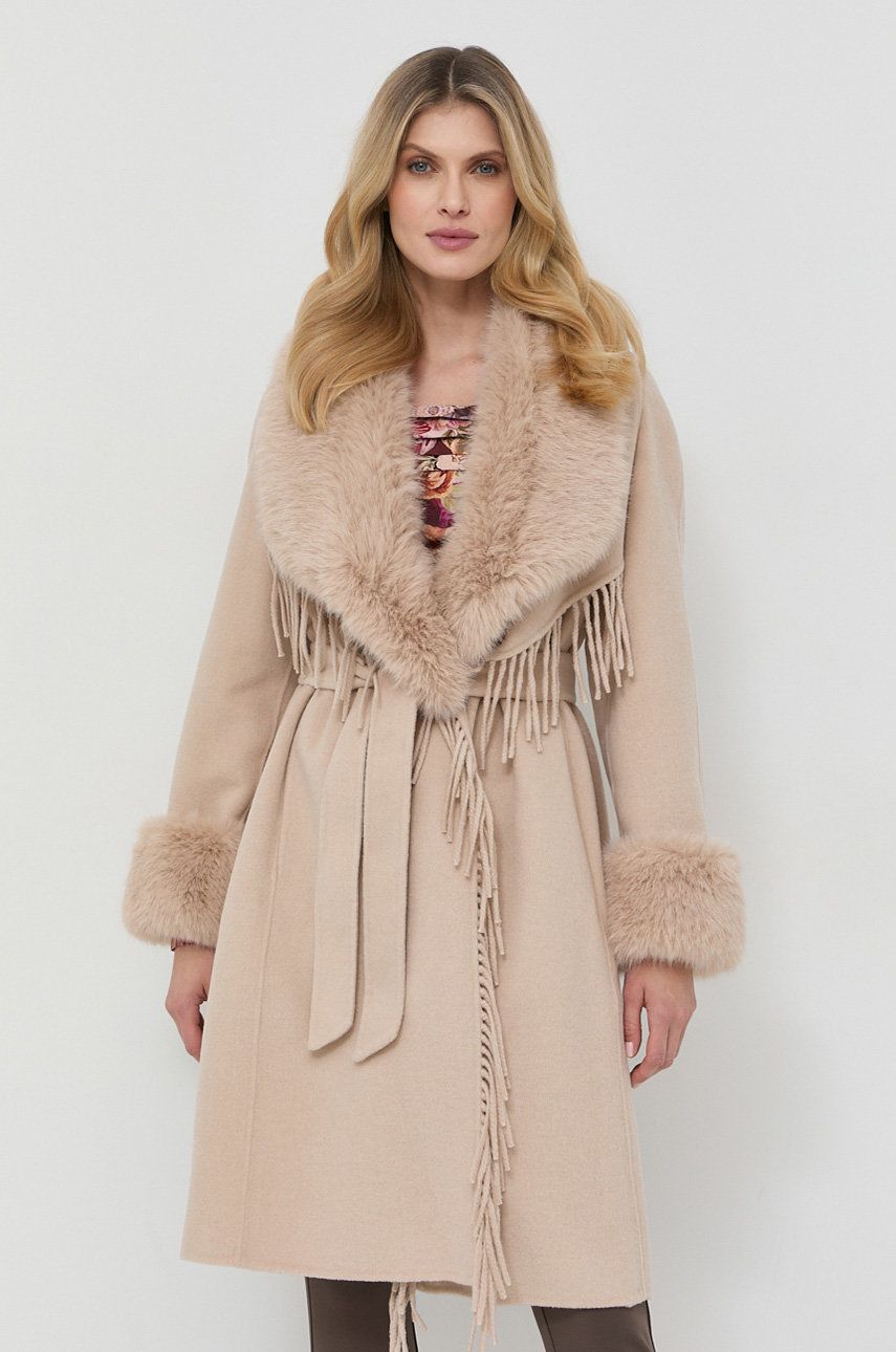 Marciano Guess płaszcz z domieszką wełny kolor beżowy przejściowy