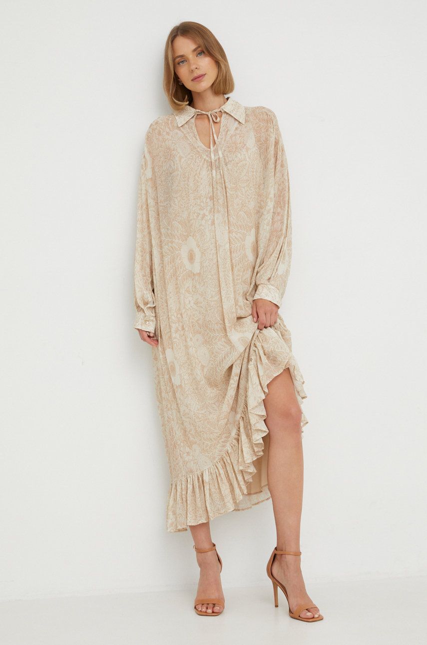 Beatrice B sukienka z domieszką jedwabiu kolor beżowy maxi