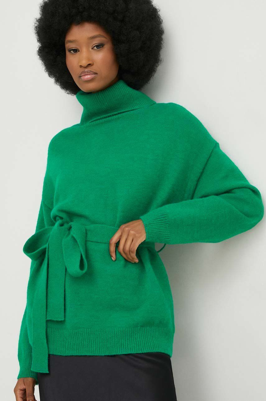 Answear Lab sweter z wełną damski kolor zielony ciepły z golfem