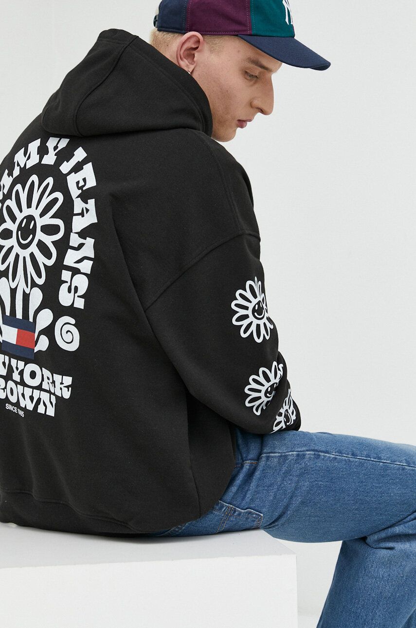 Tommy Jeans bluza bawełniana męska kolor czarny z kapturem z nadrukiem