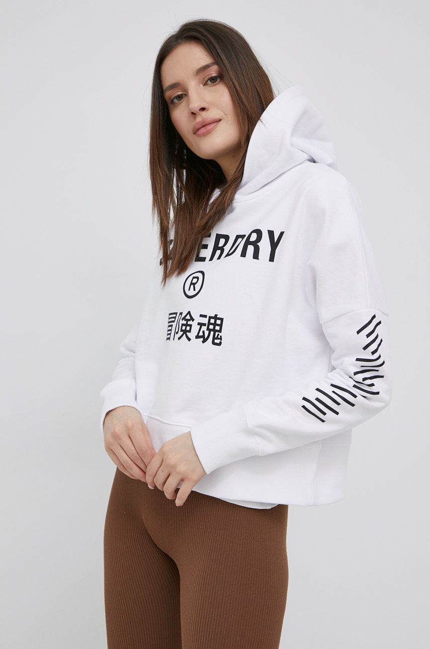 Superdry bluza bawełniana damska kolor biały z kapturem z nadrukiem