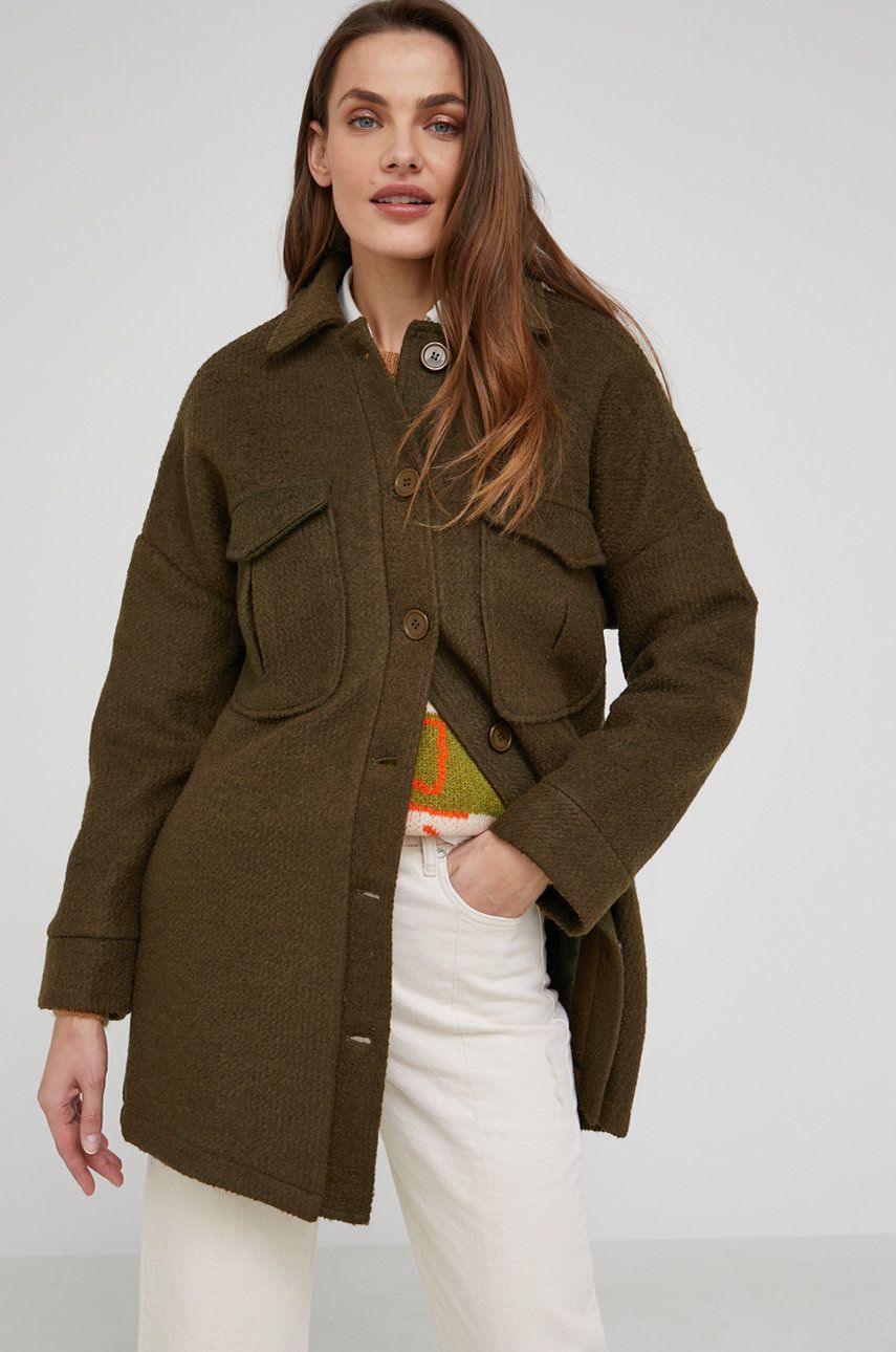 Answear Lab kurtka z wełną kolor zielony przejściowa oversize