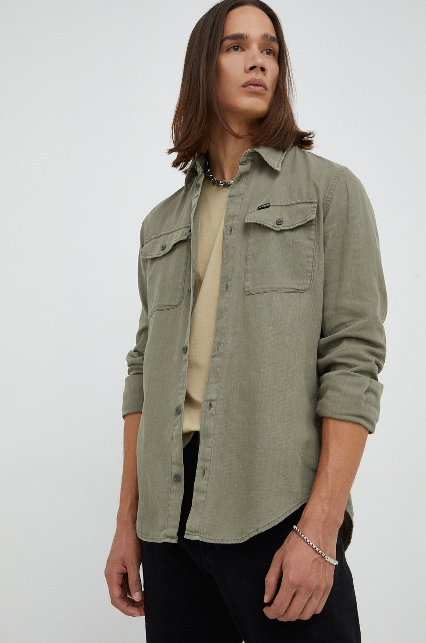 G-Star Raw koszula bawełniana męska kolor zielony slim z kołnierzykiem klasycznym