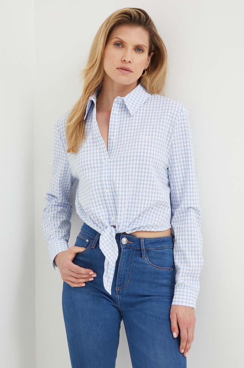 Guess koszula damska kolor niebieski regular z kołnierzykiem klasycznym