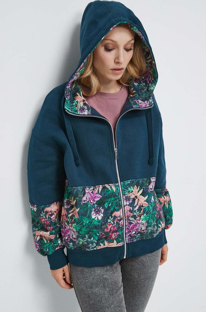 Medicine bluza damska kolor zielony z kapturem wzorzysta