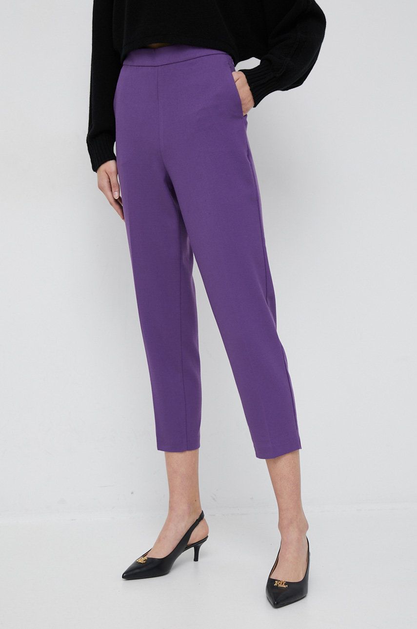 Sisley spodnie damskie kolor fioletowy dopasowane high waist