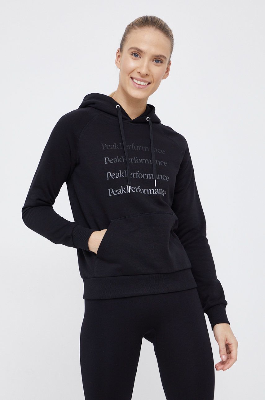 Peak Performance Bluza damska kolor czarny z kapturem z nadrukiem