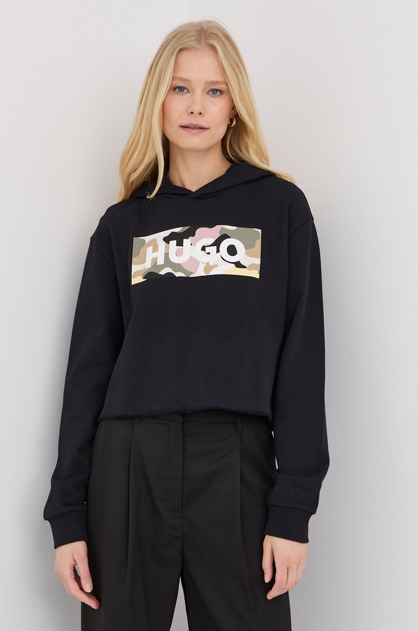 HUGO bluza bawełniana 50467297 damska kolor czarny z kapturem wzorzysta
