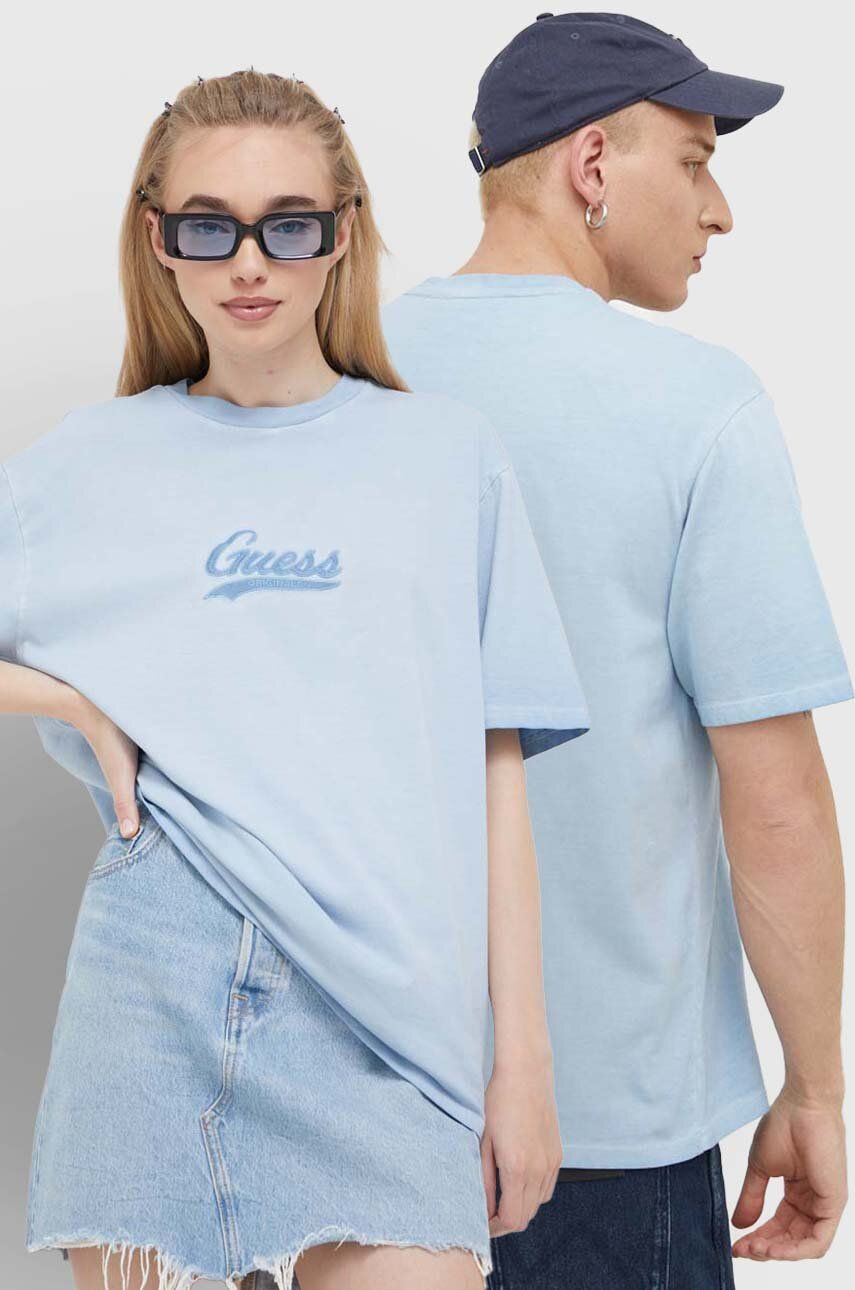 Guess Originals t-shirt bawełniany kolor niebieski z aplikacją