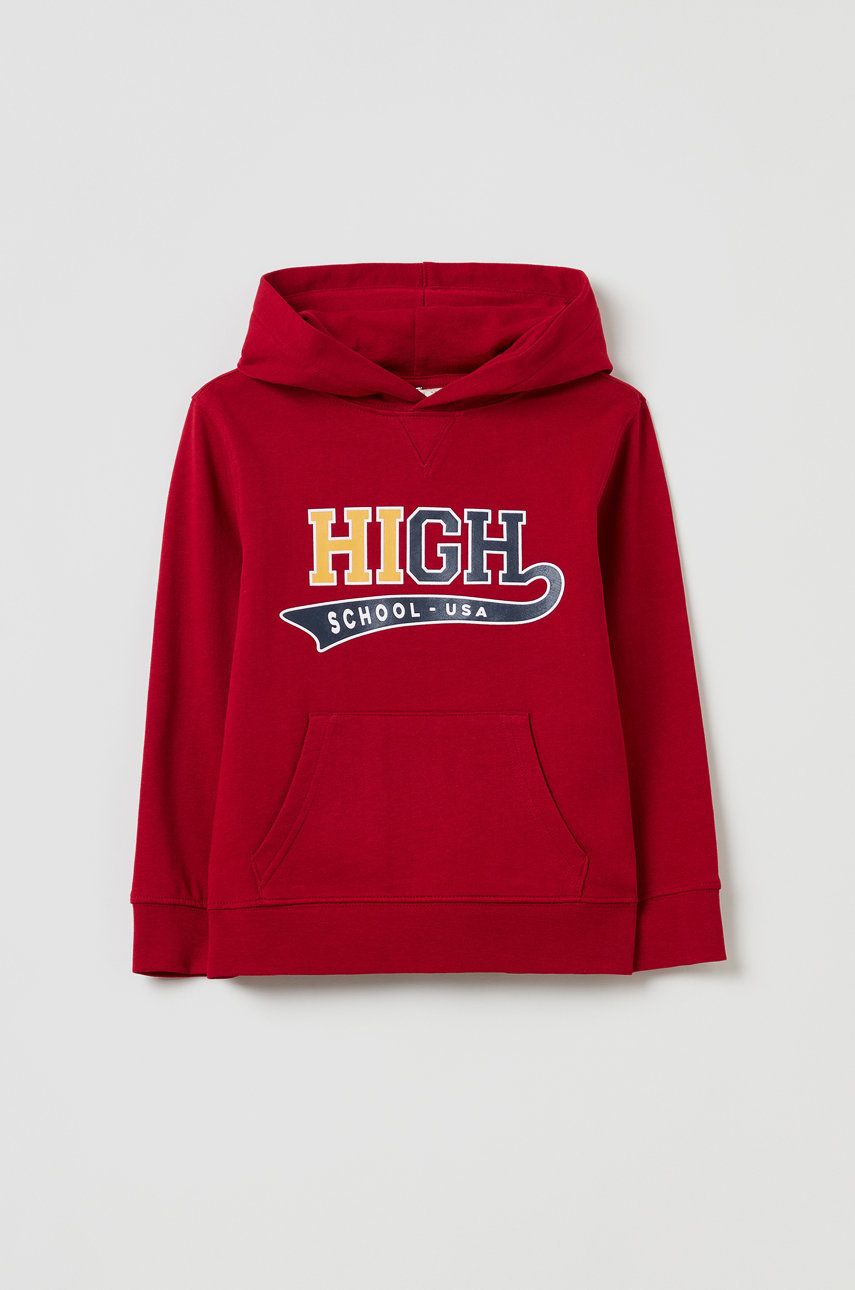 OVS Bluza bawełniana dziecięca kolor czerwony z kapturem z nadrukiem