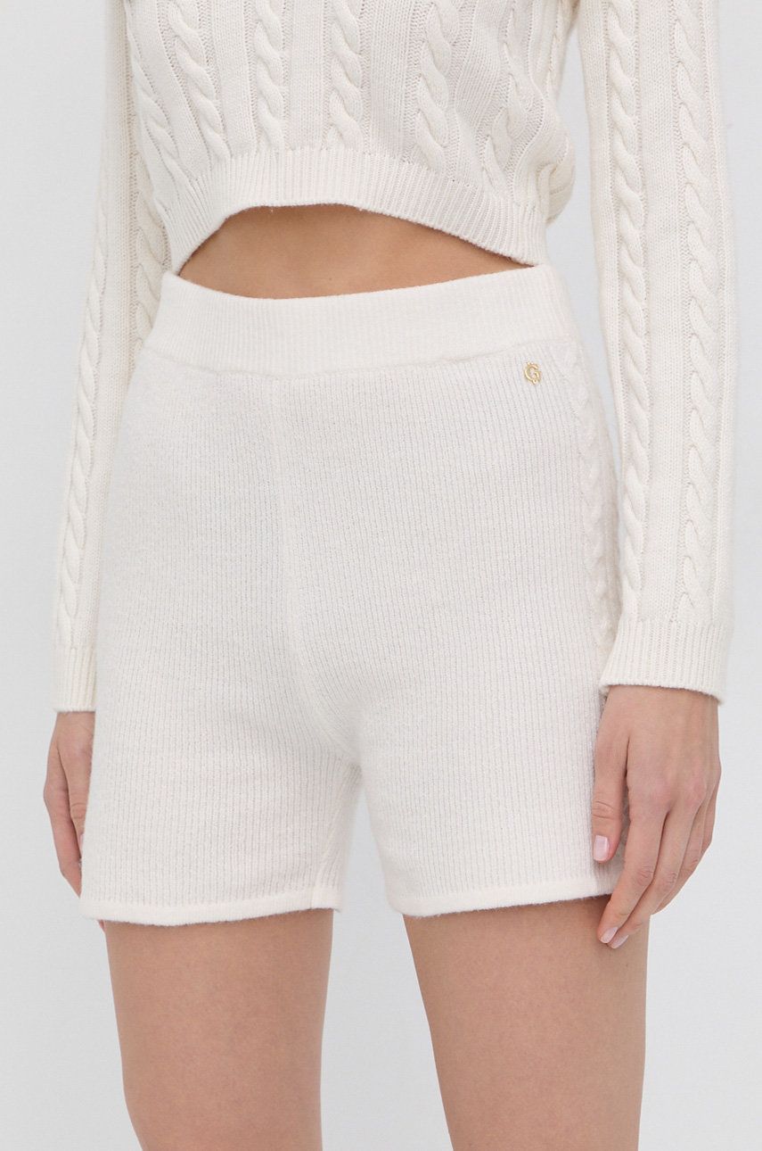 Guess Szorty z domieszką wełny damskie kolor kremowy gładkie high waist