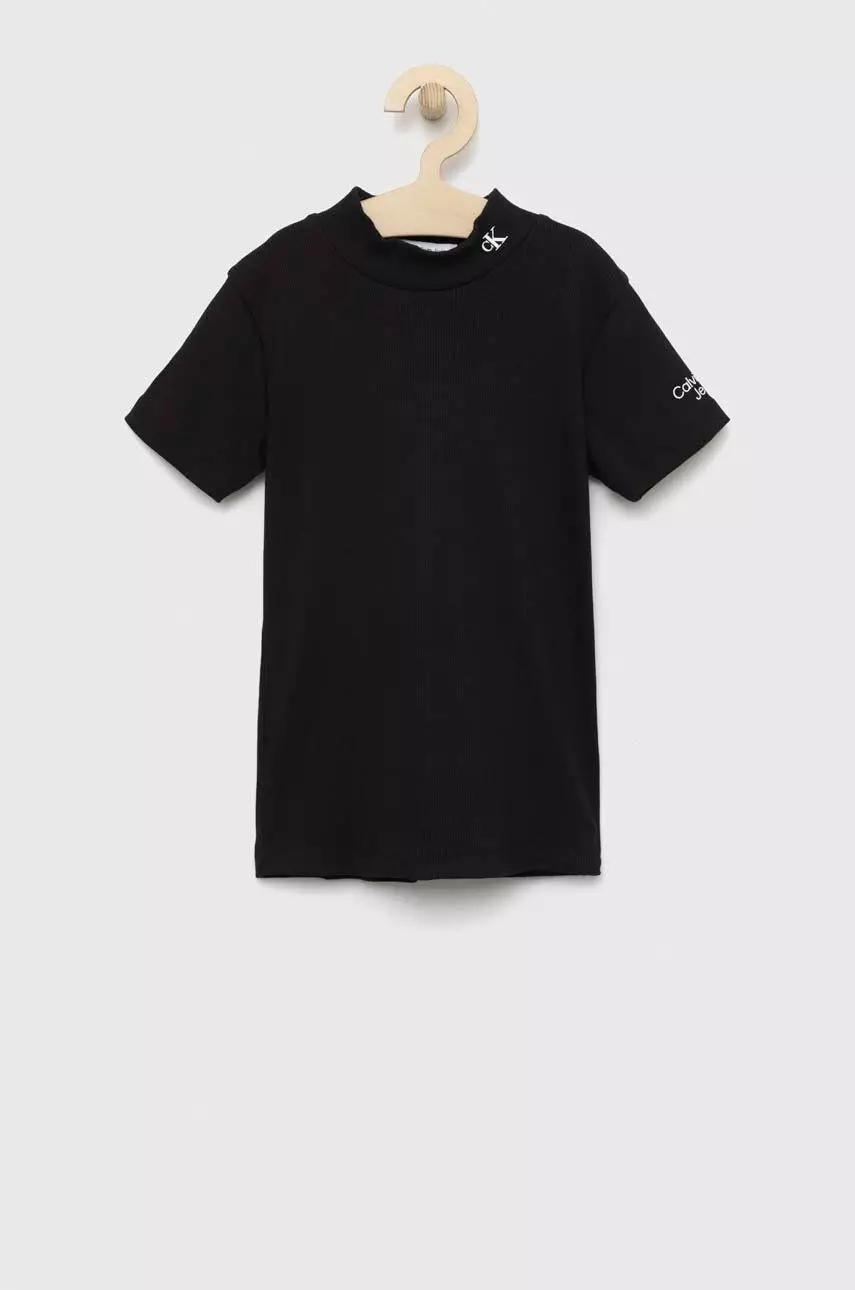 Calvin Klein Jeans t-shirt dziecięcy kolor czarny z półgolfem