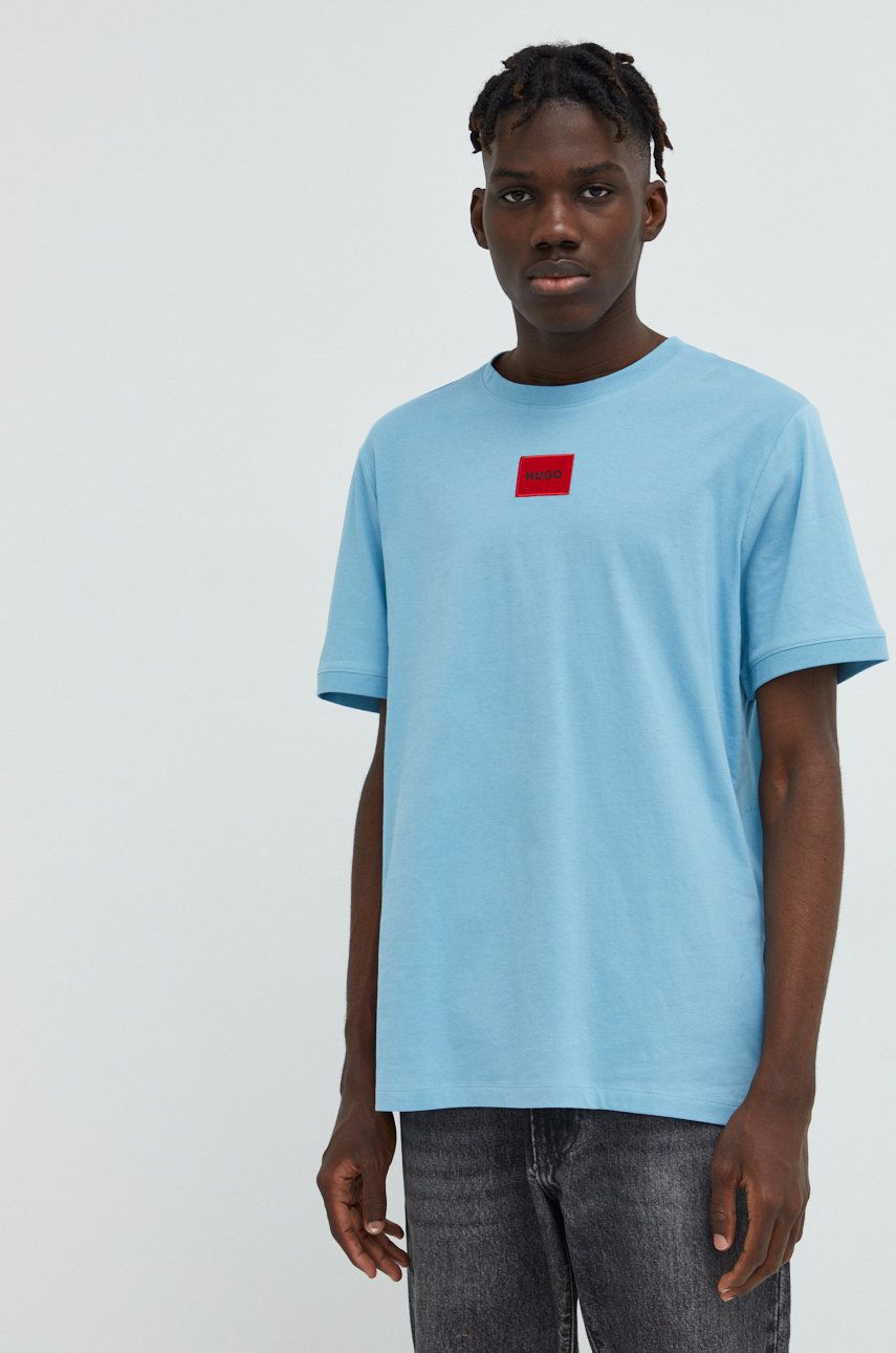 HUGO t-shirt bawełniany 50447978 kolor turkusowy z nadrukiem