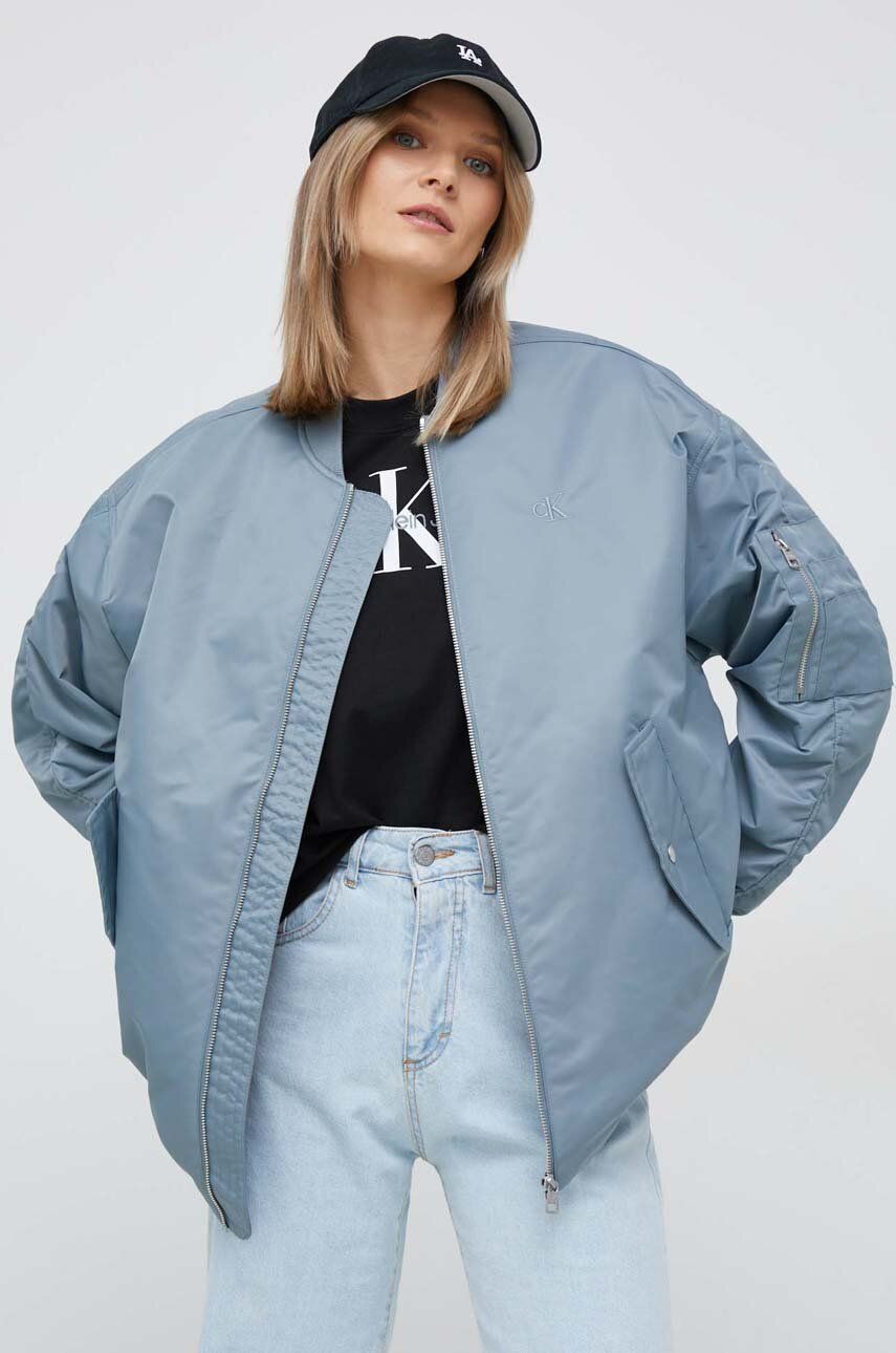 Calvin Klein Jeans kurtka bomber damski kolor niebieski przejściowa