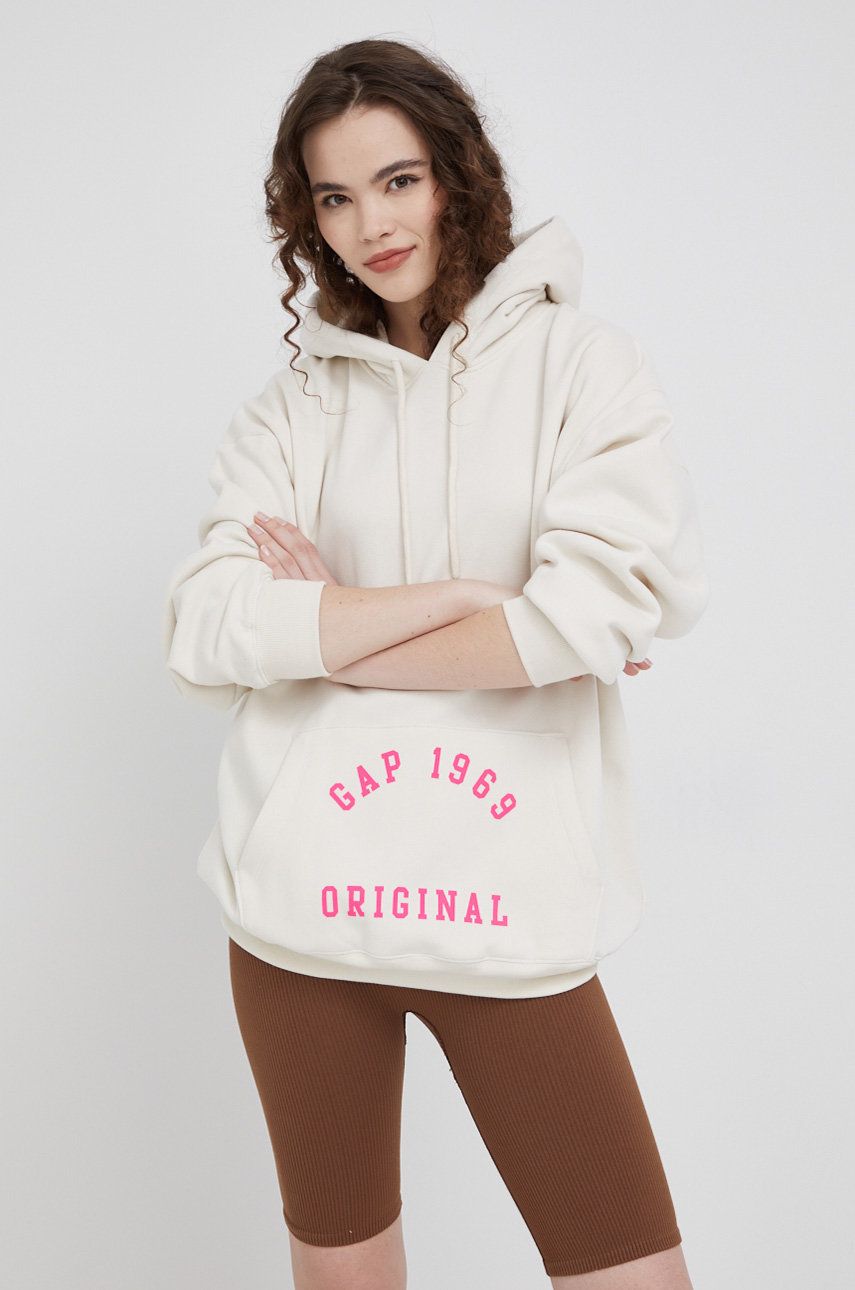 GAP bluza damska kolor beżowy z kapturem gładka