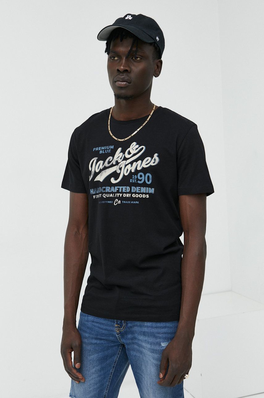 Jack & Jones t-shirt bawełniany kolor czarny z nadrukiem