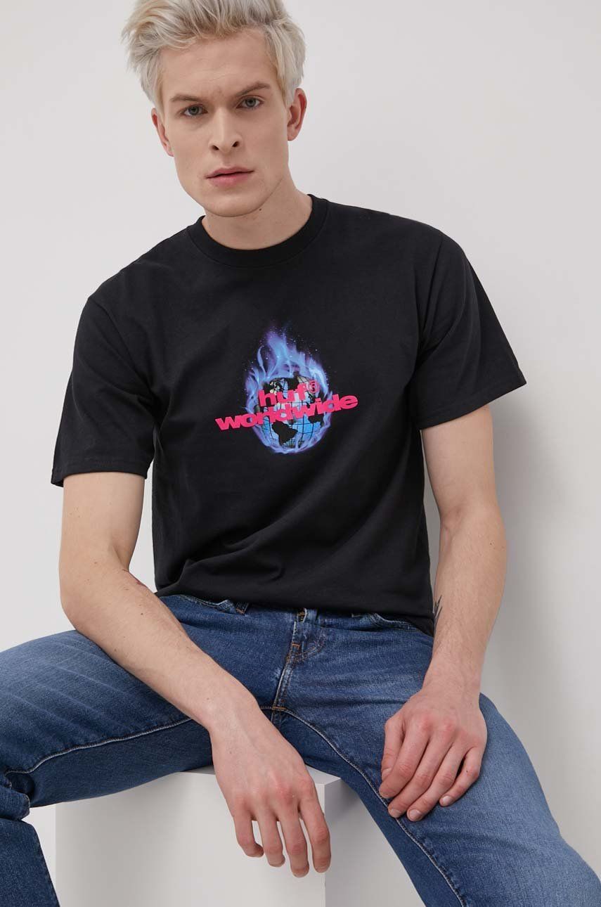 HUF T-shirt bawełniany kolor czarny z nadrukiem