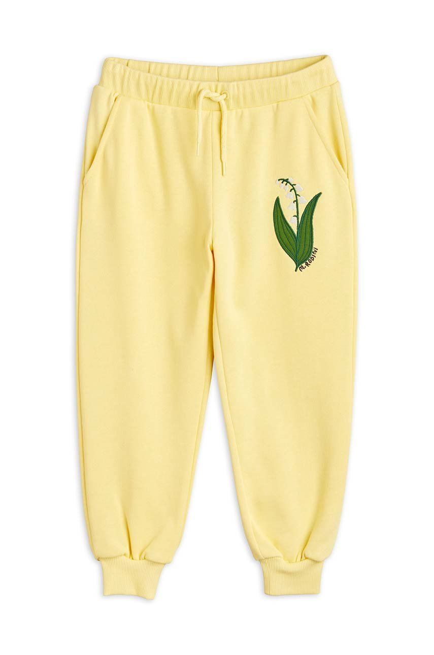 Mini Rodini spodnie dresowe bawełniane dziecięce kolor żółty z aplikacją