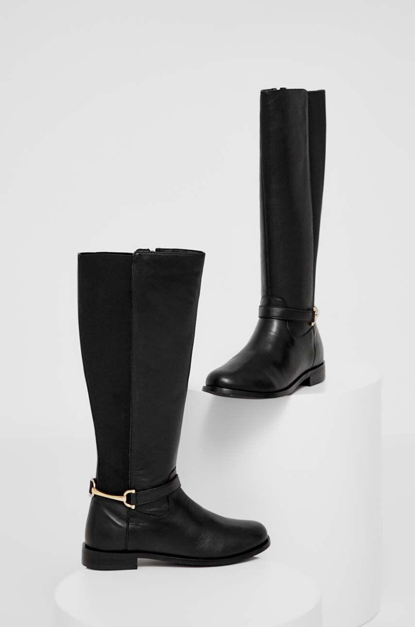 Answear Lab kozaki skórzane damskie kolor czarny na płaskim obcasie