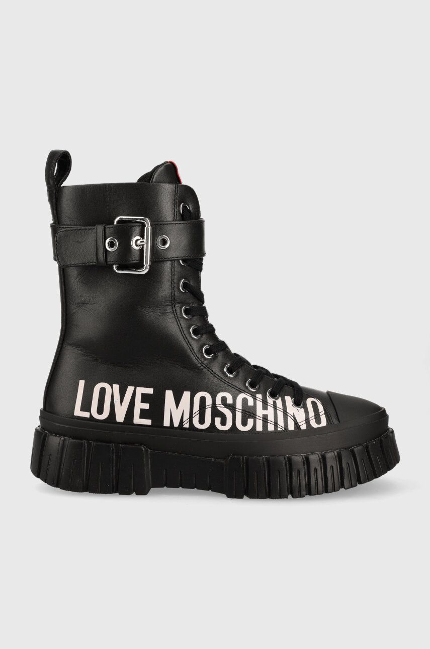 Love Moschino botki skórzane damskie kolor czarny na płaskim obcasie JA15695G1HIA0000