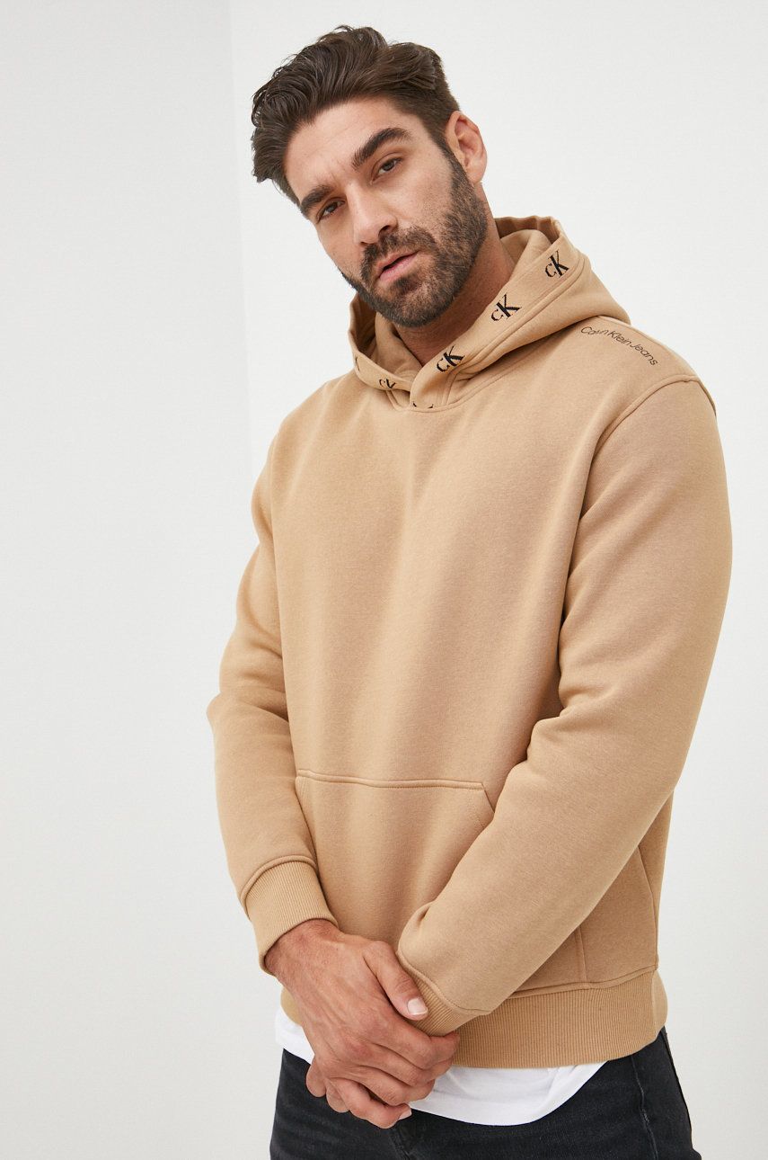 Calvin Klein Jeans bluza męska kolor beżowy z kapturem gładka