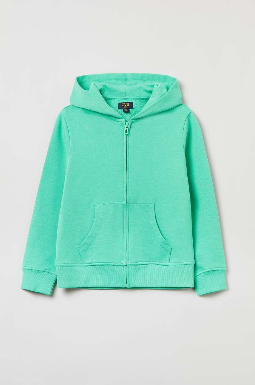 OVS bluza bawełniana dziecięca kolor zielony z kapturem gładka