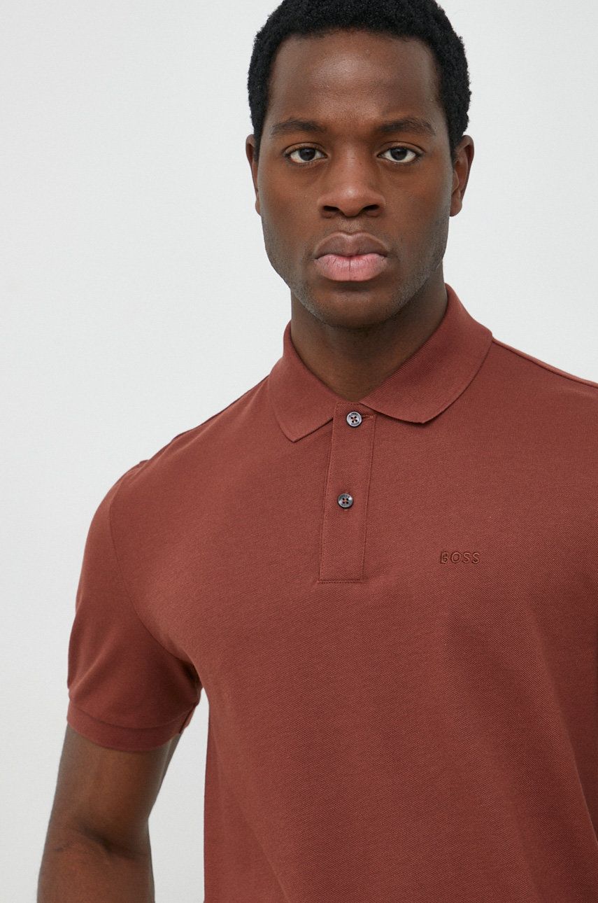 BOSS polo bawełniane kolor brązowy gładki