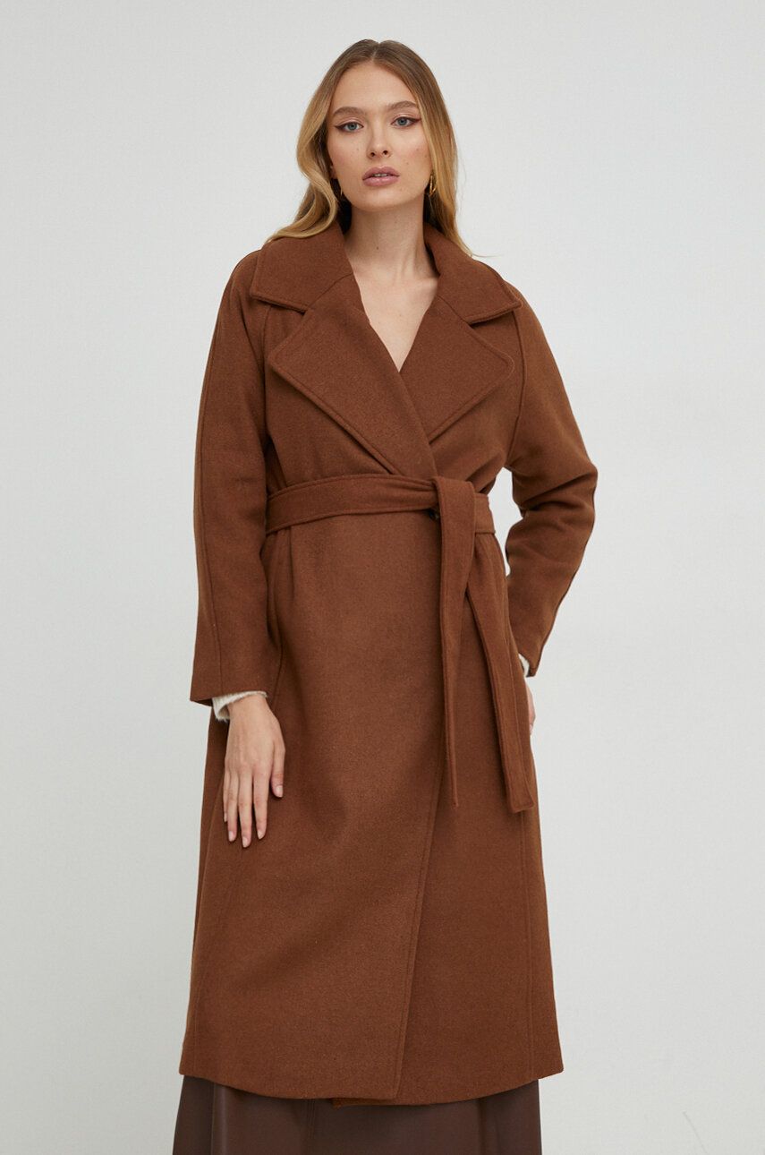 Answear Lab płaszcz z wełną kolor brązowy przejściowy