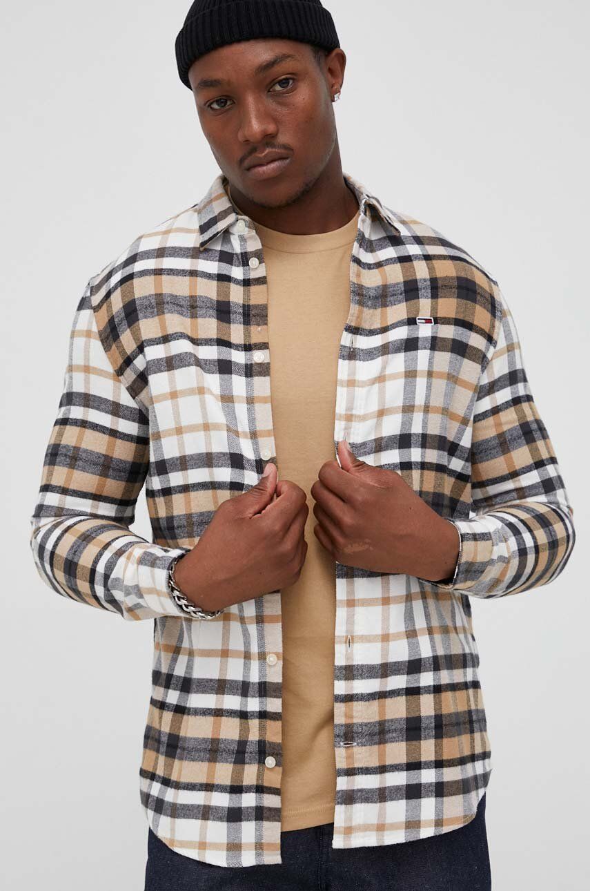 Tommy Jeans koszula bawełniana męska kolor beżowy regular z kołnierzykiem klasycznym