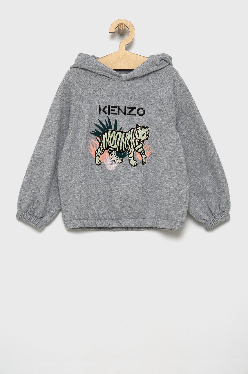 Kenzo Kids Bluza bawełniana dziecięca kolor szary z kapturem z nadrukiem