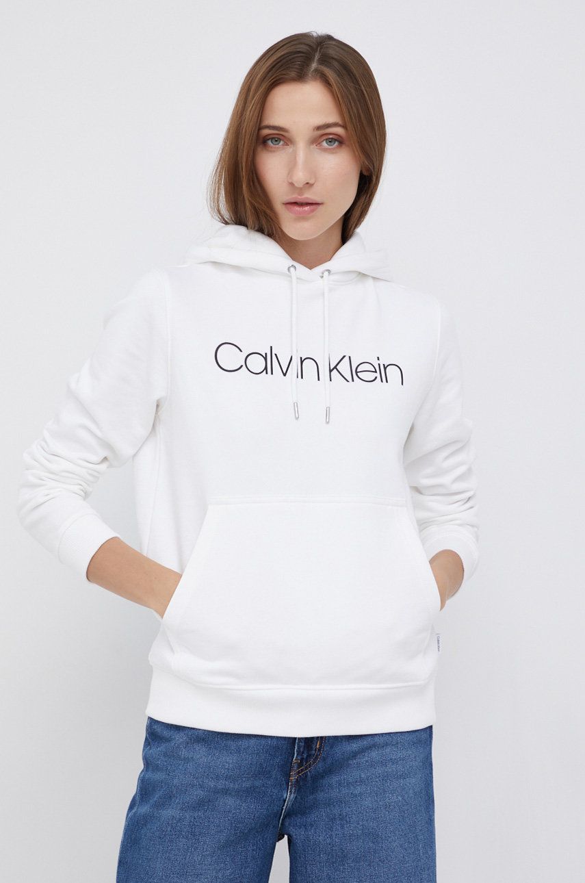Calvin Klein bluza bawełniana damska kolor biały z kapturem