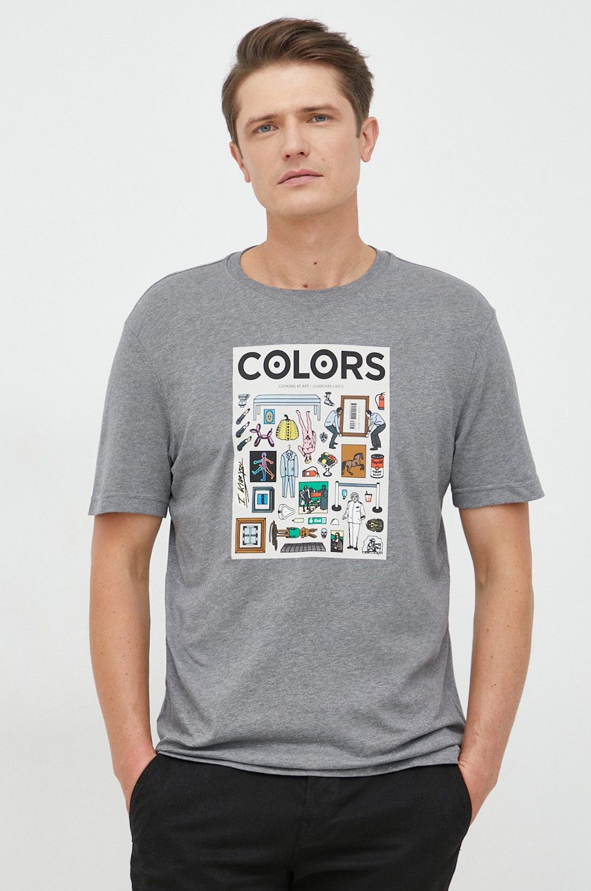 United Colors of Benetton t-shirt bawełniany kolor szary z nadrukiem