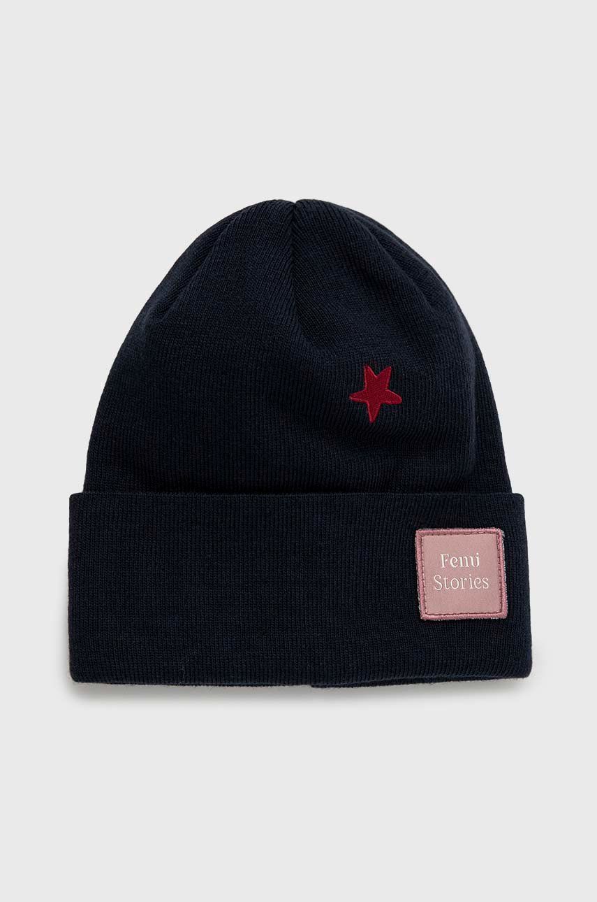 Femi Stories czapka z domieszką wełny kolor granatowy z grubej dzianiny