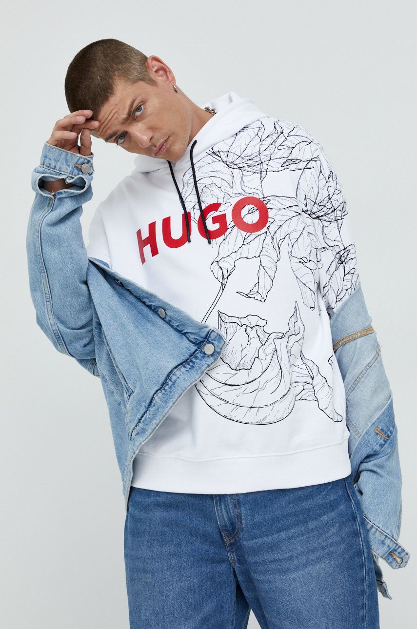 HUGO bluza bawełniana męska kolor biały z kapturem z nadrukiem