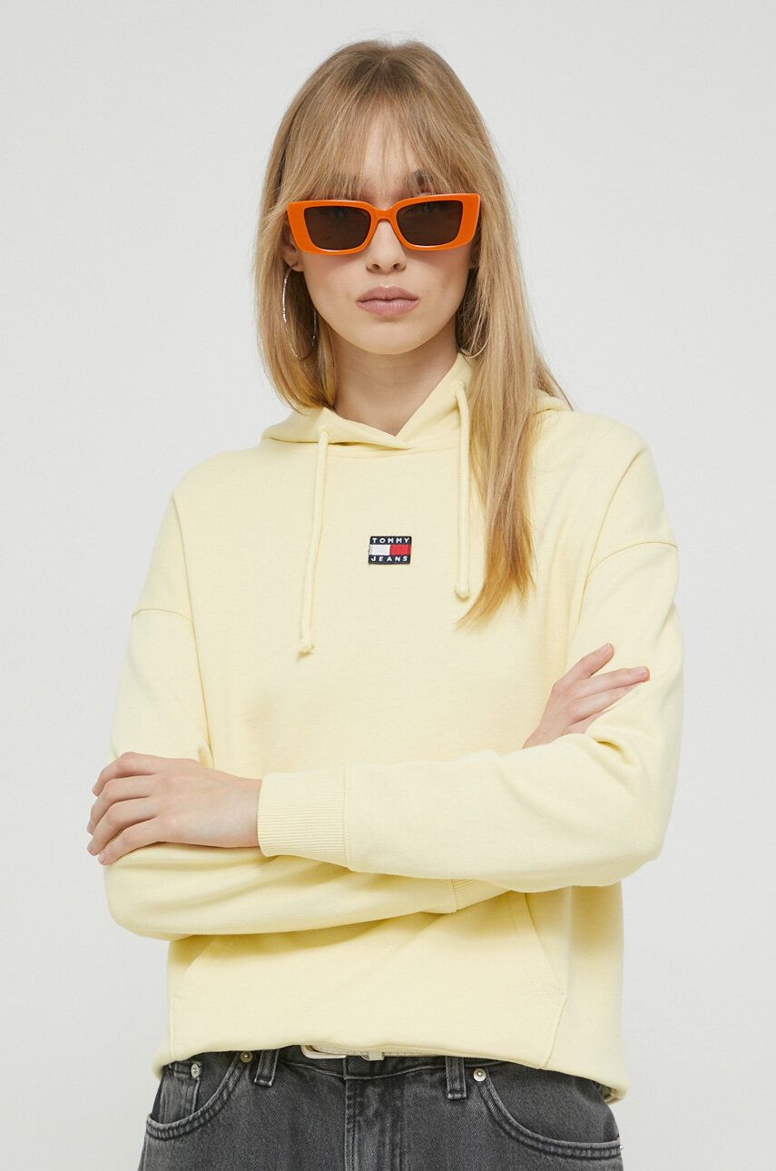 Tommy Jeans bluza bawełniana damska kolor żółty z kapturem z aplikacją